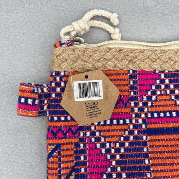 Eccolo Deluxe Woven Zipper Pouch Burlap Trim 11.5" x 8" Pink Orange Purple - Picture 7 of 7
